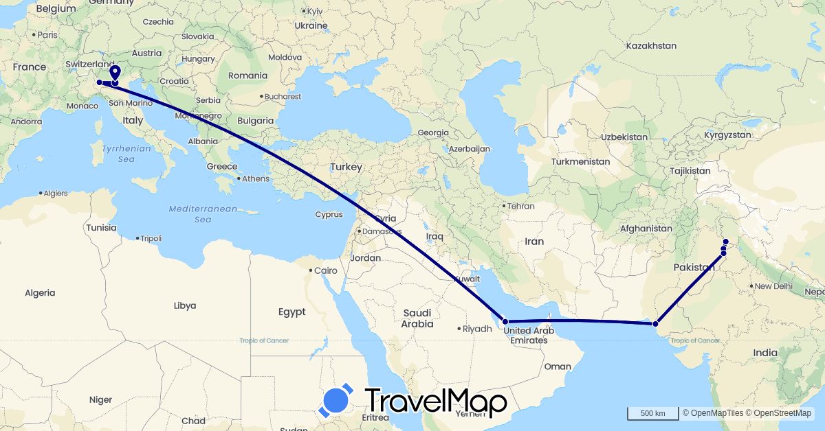 TravelMap itinerary: driving in Italy, Pakistan, Qatar (Asia, Europe)